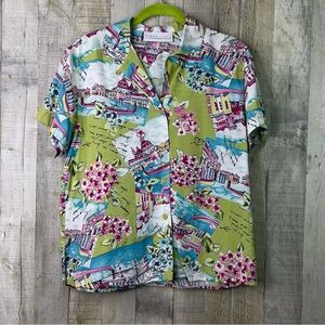 First Issue Small Button Front Short Sleeve Floral Tropical Venice Blouse